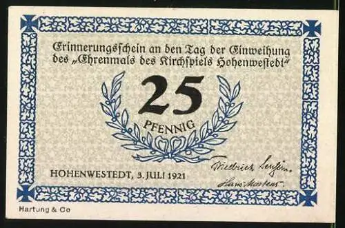 Notgeld Hohenwestedt 1921, 25 Pfennig, Bauarbeiter mit Werkzeug und Pferden