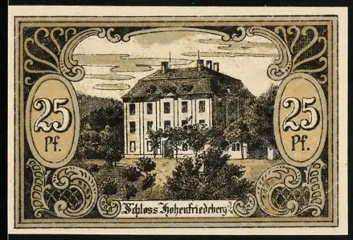 Notgeld Hohenfriedeberg, 25 Pfennig, Das Schloss, die Protestantische Kirche