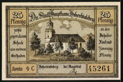 Notgeld Hohenfriedeberg, 25 Pfennig, Das Schloss, die Protestantische Kirche