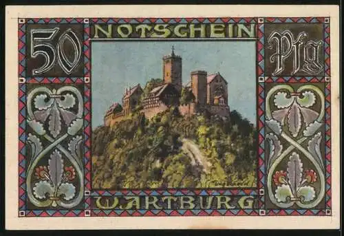 Notgeld Eisenach, 50 Pfennig, Menschenleben in Tiergestalt, Die Wartburg auf dem Hügel