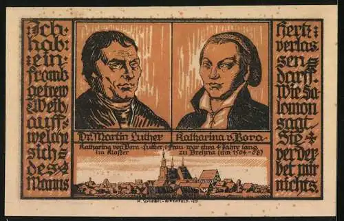 Notgeld Brehna 1921, 50 Pfennig, Martin Luther und Katharina v. Bora, das fromm-getreue Weib
