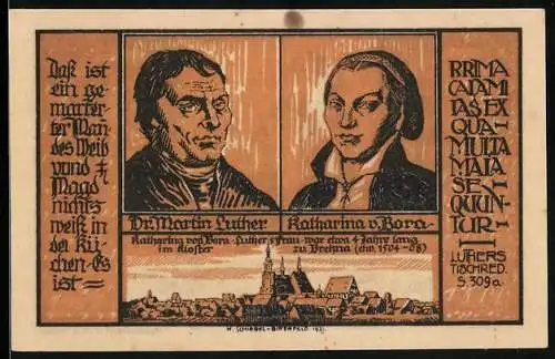Notgeld Brehna 1921, 50 Pfennig, Martin Luther und Katharina v. Bora, Luthers Tischreden S. 309a
