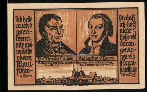 Notgeld Brehna 1921, 50 Pfennig, Martin Luther und Katharina v. Bora, Luthers Tischreden S. 308a