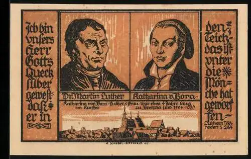 Notgeld Brehna 1921, 50 Pfennig, Martin Luther und Katharina v. Bora, Luthers Tischreden S. 264