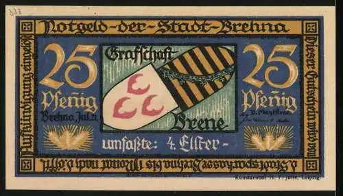 Notgeld Brehna 1921, 25 Pfennig, Gesamtansicht aus der Ferne, Wappen
