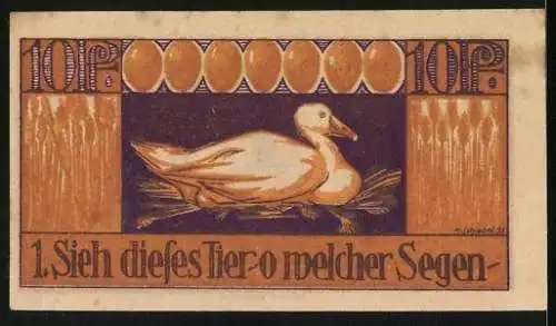 Notgeld Brehna 1921, 10 Pfennig, Ente und goldene Eier