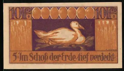 Notgeld Brehna 1921, 10 Pfennig, Ente und ihre goldenen Eier