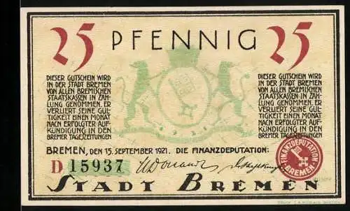 Notgeld Bremen 1921, 25 Pfennig, Am alten Domshof