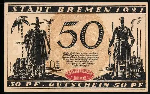 Notgeld Bremen 1921, 50 Pfennig, Ortsansicht vom Wasser aus