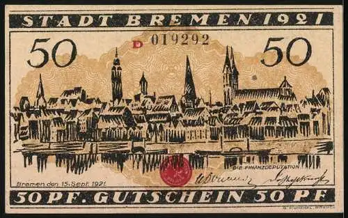 Notgeld Bremen 1921, 50 Pfennig, Ortsansicht vom Wasser aus