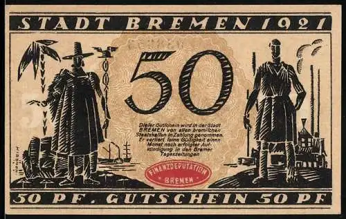 Notgeld Bremen 1921, 50 Pfennig, Kolonialwarenhändler und Industriearbeiter