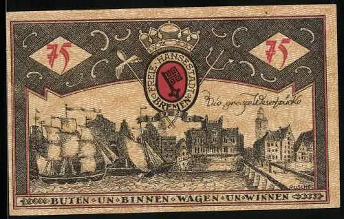 Notgeld Bremen 1921, 75 Pfennig, Die grosse Weserbrücke