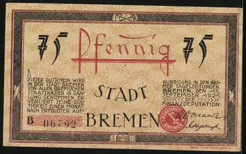 Notgeld Bremen 1921, 75 Pfennig, Die grosse Weserbrücke