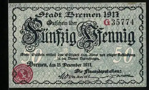 Notgeld Bremen 1917, 50 Pfennig, Blick aufs Rathaus