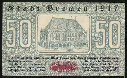 Notgeld Bremen 1917, 50 Pfennig, Blick aufs Rathaus