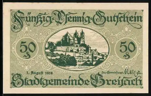 Notgeld Breisach 1919, 50 Pfennig, Ortsansicht mit Kirche auf dem Hügel