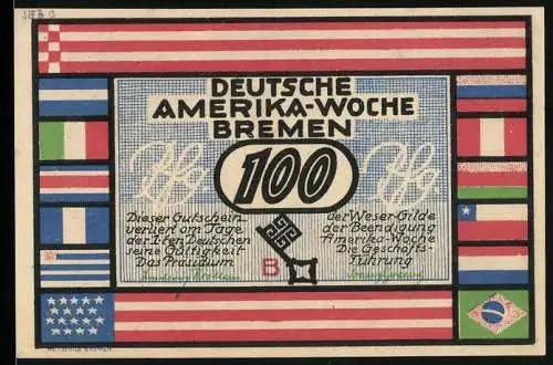 Notgeld Bremen 1923, 100 Pfennig, Deutsche Amerika-Woche, Ansicht New York