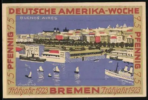 Notgeld Bremen 1923, 75 Pfennig, Deutsche Amerika-Woche, Ansicht Buenos Aires