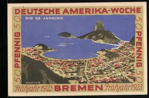 Notgeld Bremen 1923, 50 Pfennig, Deutsche Amerika-Woche, Ansicht Rio de Janeiro