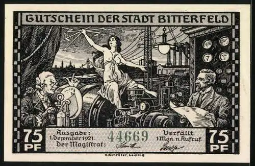 Notgeld Bitterfeld 1921, 75 Pfennig, Hochspannungs-Transportweg