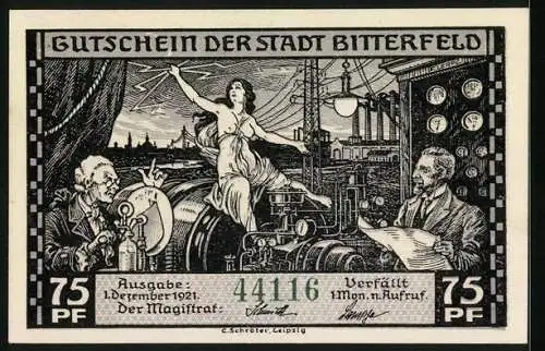 Notgeld Bitterfeld 1921, 75 Pfennig, Stromerzeugung