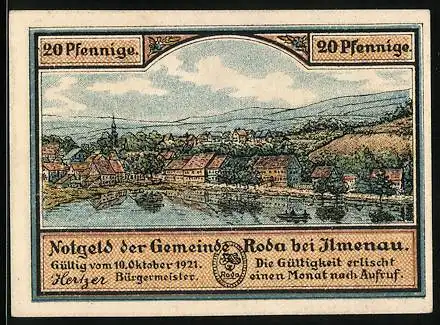Notgeld Roda bei Ilmenau 1921, 20 Pfennig, Dicke Eiche vor dem Fall, ihr Stamm danach
