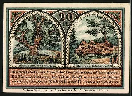 Notgeld Roda bei Ilmenau 1921, 20 Pfennig, Dicke Eiche vor dem Fall, ihr Stamm danach