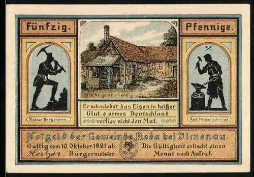 Notgeld Roda bei Ilmenau 1921, 50 Pfennig, Die alte Nagelschmiede, Goethe besucht ein Bergwerk