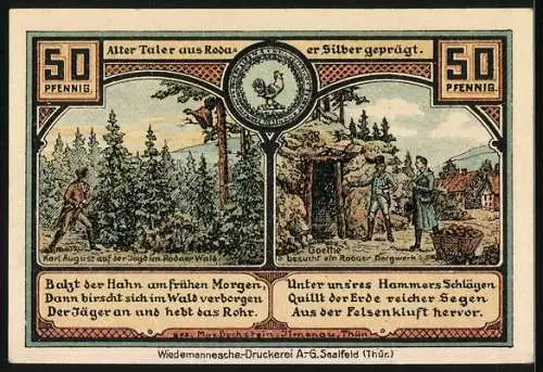 Notgeld Roda bei Ilmenau 1921, 50 Pfennig, Die alte Nagelschmiede, Goethe besucht ein Bergwerk