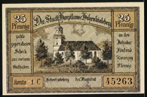 Notgeld Hohenfriedeberg, 25 Pfennig, Protestantische Kirche, Ortsansicht