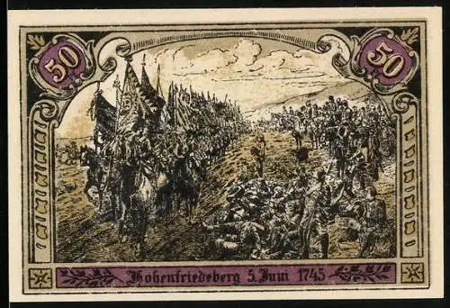 Notgeld Hohenfriedeberg, 50 Pfennig, Militärzug am 5. Juni 1745