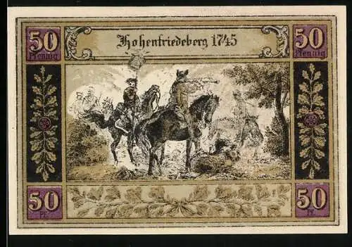 Notgeld Hohenfriedeberg, 50 Pfennig, Befehlshaber bläst in eine Fanfare