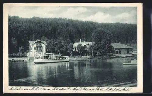 AK Seeboden am Millstättersee, Gasthof Steiner vom Wasser aus gesehen, Elektr. Motorboot Aribo