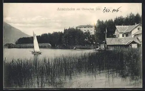 AK Annenheim am Ossiacher See, Häuser am See, davor ein Segelboot