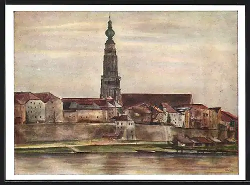 AK Braunau am Inn, Uferpartie mit Kirche