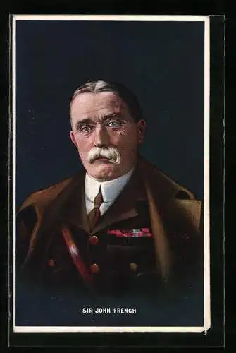 Künstler-AK Sir John French, Heerführer in Uniform und Mantel