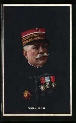 Künstler-AK General Joffre in Uniform mit Schirmmütze und Orden