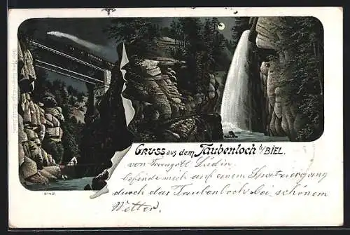 Lithographie Biel, Taubenlochschlucht bei Nacht, Wasserfall, Eisenbahnbrücke