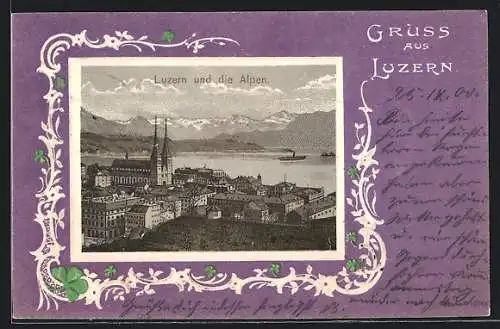 Lithographie Luzern, Ortsansicht gegen die Alpen, im geprägten Passepartout