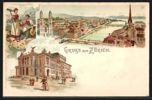 Lithographie Zürich, Rathaus und Flusspartie in der Stadt