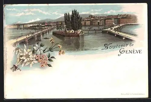 Lithographie Genève, Ville et le Mont Blanc