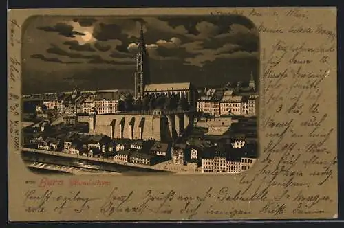 Mondschein-Lithographie Bern, Ortsansicht mit der Kirche