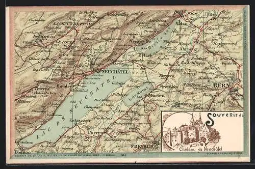 AK Neuchatel, Chateau, Carte Relièf de Neuchatel et environs