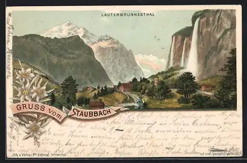 Lithographie Lauterbrunnen, Eisenbahn am Ortsrand, Staubbach