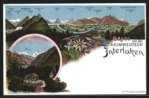 Lithographie Interlaken, Ortspanorama mit Gebirgskette