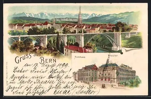 Lithographie Bern, Kornhaus und Theater, Ortsansicht über das Viadukt
