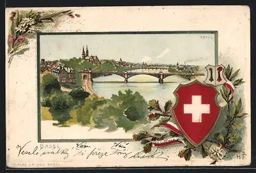 Passepartout-Lithographie Basel, Totalansicht mit Flusspartie, Wappen