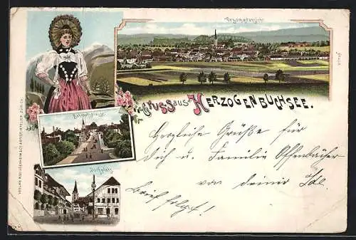 Lithographie Herzogenbuchsee, Bahnhofstrasse, Dorfplatz, Frau in Tracht, Gesamtansicht