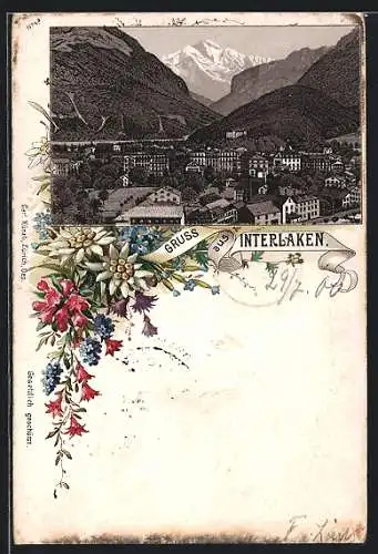 Lithographie Interlaken, Ortsansicht gegen die Berge