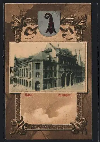 AK Basel, Die Hauptpost, Passepartout mit glänzendem Stadtwappen